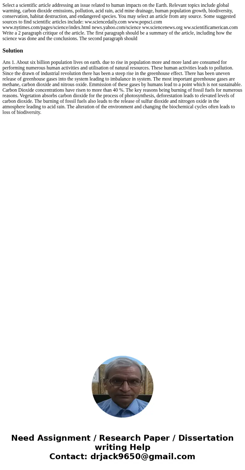 Select a scientific article addressing an issue related to human impacts on the Earth. Relevant topics include global warming, carbon dioxide emissions, pollut  Select a scientific article addressing an issue related to human impacts on the Earth. Relevant topics include global warming, carbon dioxide emissions, pollut