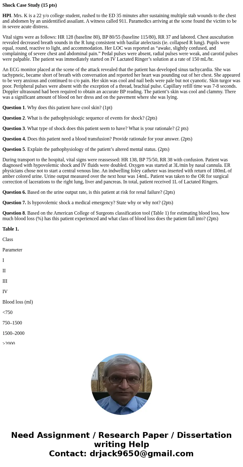 Shock Case Study (15 pts) HPI. Mrs. K is a 22 y/o college student, rushed to the ED 35 minutes after sustaining multiple stab wounds to the chest and abdomen by