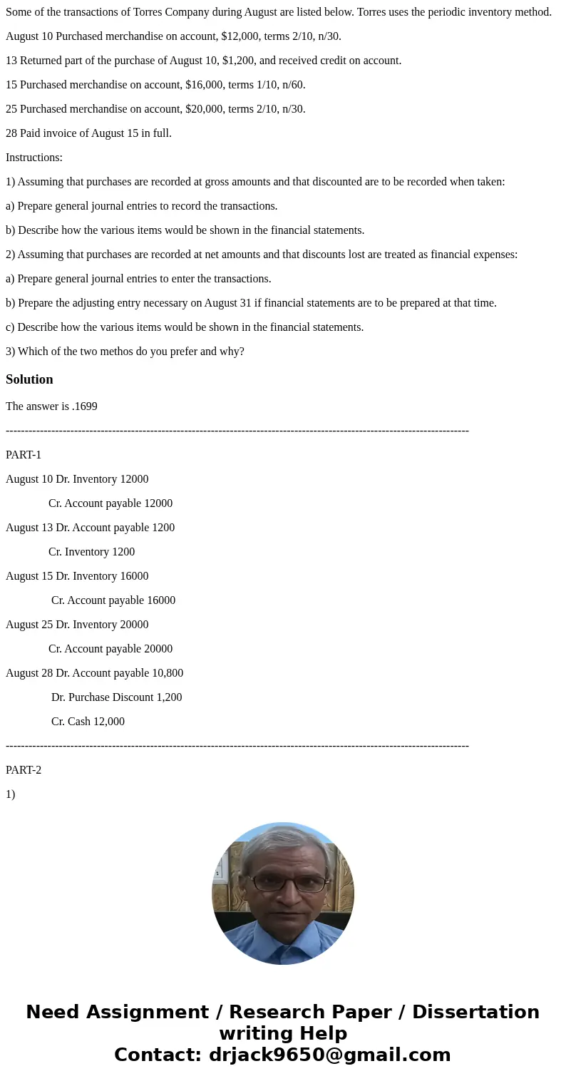 Some of the transactions of Torres Company during August are listed below. Torres uses the periodic inventory method. August 10 Purchased merchandise on account Some of the transactions of Torres Company during August are listed below. Torres uses the periodic inventory method. August 10 Purchased merchandise on account