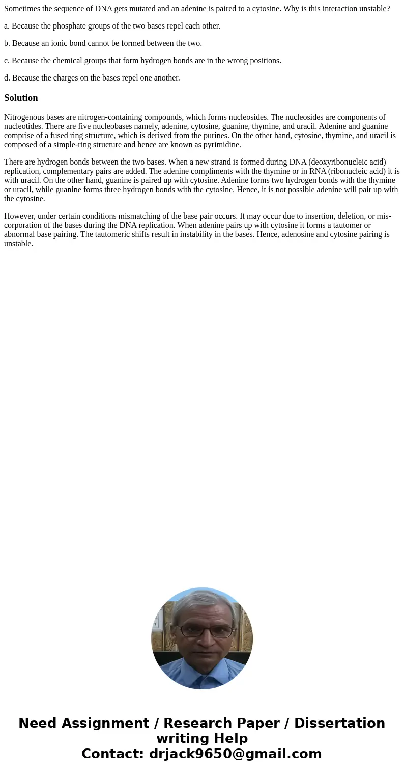 Sometimes the sequence of DNA gets mutated and an adenine is paired to a cytosine. Why is this interaction unstable? a. Because the phosphate groups of the two  Sometimes the sequence of DNA gets mutated and an adenine is paired to a cytosine. Why is this interaction unstable? a. Because the phosphate groups of the two