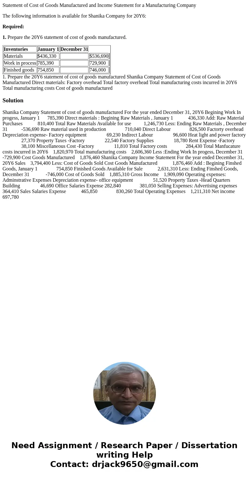 Statement of Cost of Goods Manufactured and Income Statement for a Manufacturing Company The following information is available for Shanika Company for 20Y6: Re