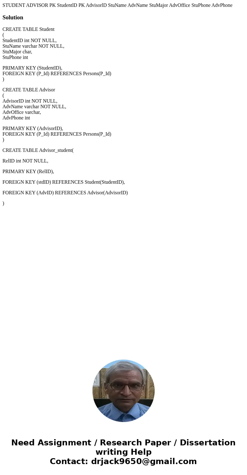 STUDENT ADVISOR PK StudentlD PK AdvisorlD StuName AdvName StuMajor AdvOffice StuPhone AdvPhone SolutionCREATE TABLE Student ( StudentID int NOT NULL, StuName v  STUDENT ADVISOR PK StudentlD PK AdvisorlD StuName AdvName StuMajor AdvOffice StuPhone AdvPhone SolutionCREATE TABLE Student ( StudentID int NOT NULL, StuName v
