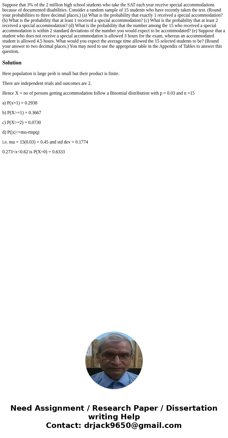  Suppose that 3% of the 2 million high school students who take the SAT each year receive special accommodations because of documented disabilities. Consider a 