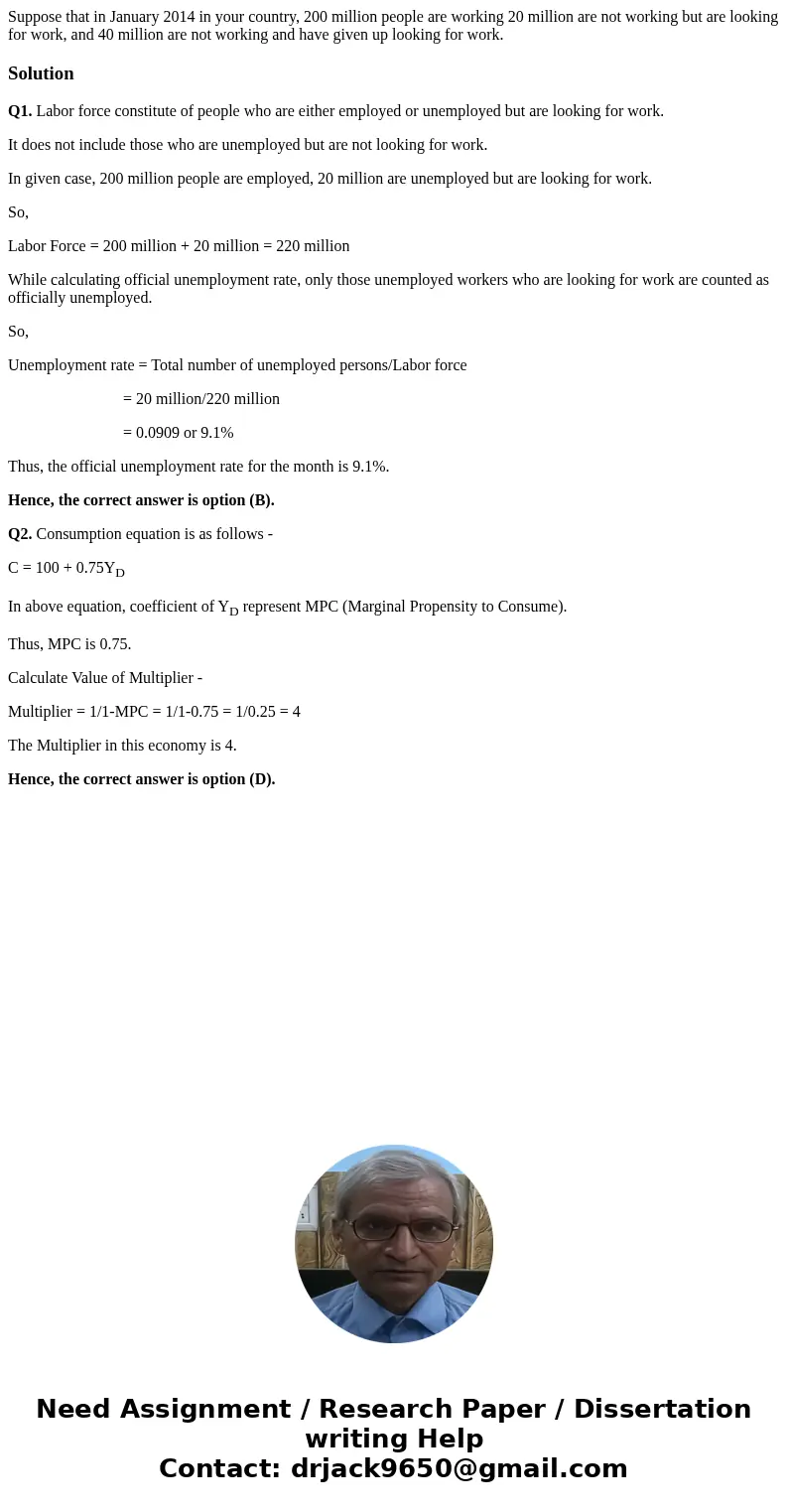 Suppose that in January 2014 in your country, 200 million people are working 20 million are not working but are looking for work, and 40 million are not workin  Suppose that in January 2014 in your country, 200 million people are working 20 million are not working but are looking for work, and 40 million are not workin