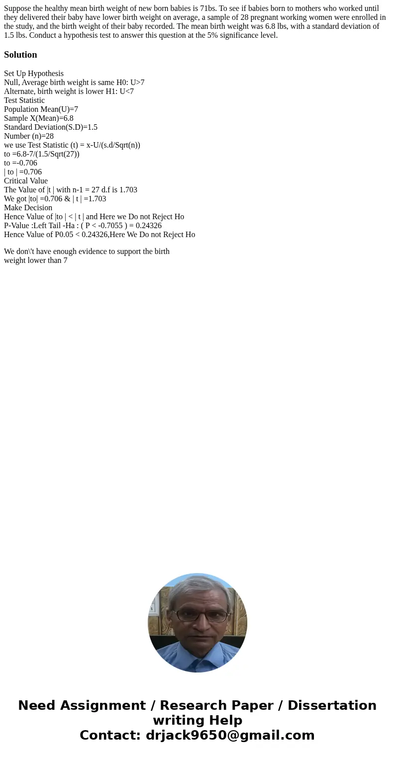 Suppose the healthy mean birth weight of new born babies is 71bs. To see if babies born to mothers who worked until they delivered their baby have lower birth   Suppose the healthy mean birth weight of new born babies is 71bs. To see if babies born to mothers who worked until they delivered their baby have lower birth