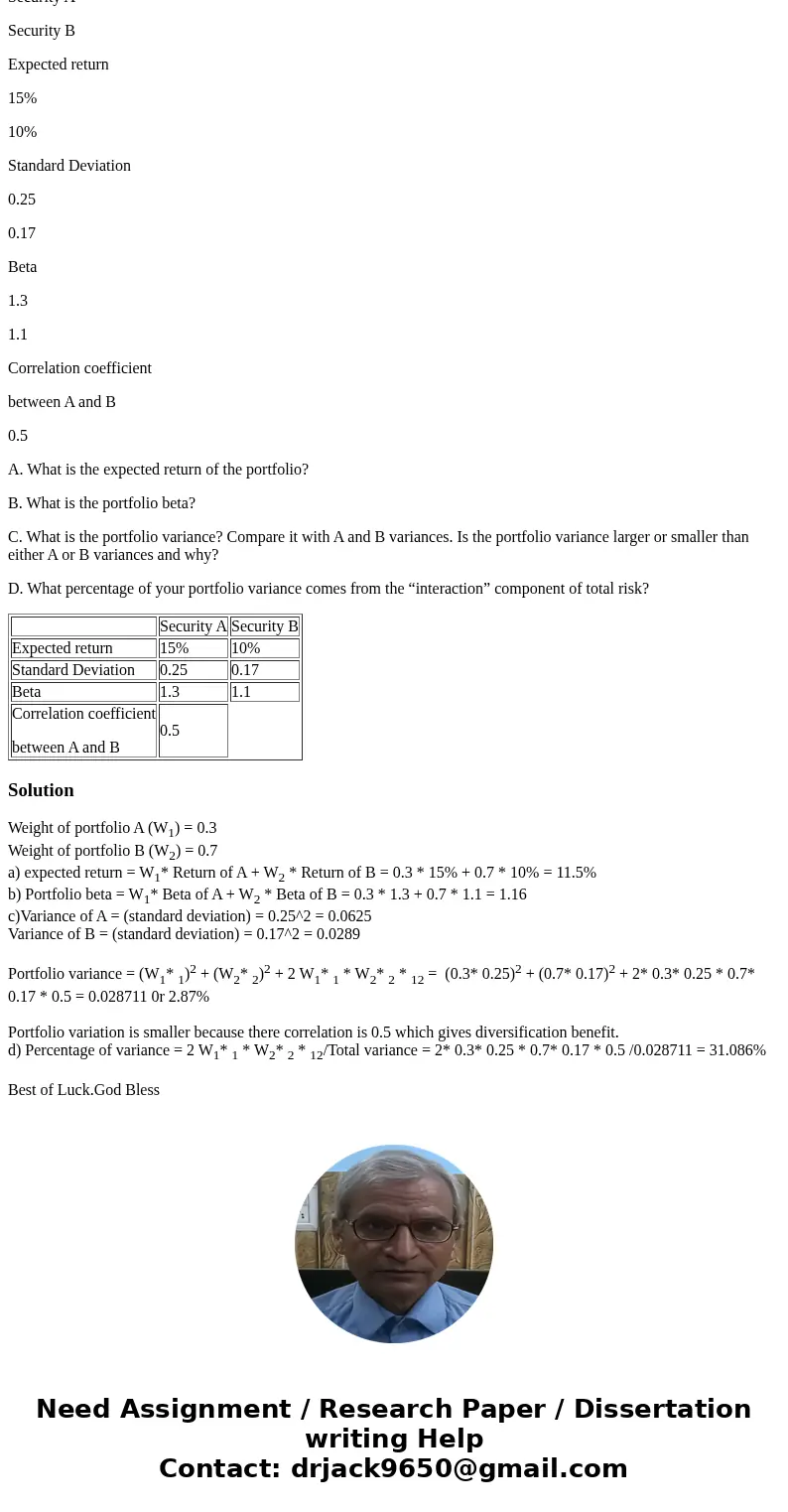 Suppose you invest 30% of your money in Security A and the rest in Security B Security A Security B Expected return 15% 10% Standard Deviation 0.25 0.17 Beta 1.