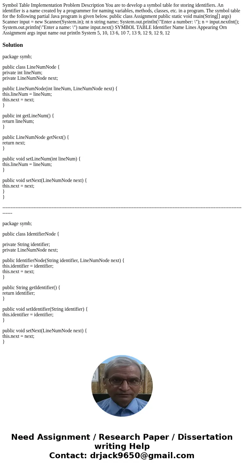 Symbol Table Implementation Problem Description You are to develop a symbol table for storing identifiers. An identifier is a name created by a programmer for   Symbol Table Implementation Problem Description You are to develop a symbol table for storing identifiers. An identifier is a name created by a programmer for