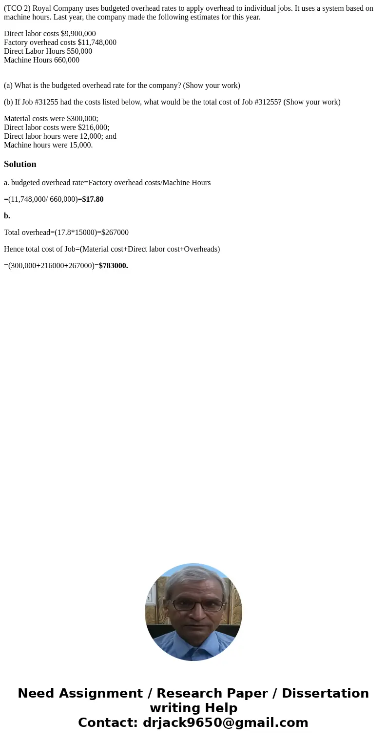 (TCO 2) Royal Company uses budgeted overhead rates to apply overhead to individual jobs. It uses a system based on machine hours. Last year, the company made th (TCO 2) Royal Company uses budgeted overhead rates to apply overhead to individual jobs. It uses a system based on machine hours. Last year, the company made th