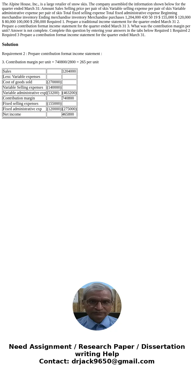  The Alpine House, Inc., is a large retailer of snow skis. The company assembled the information shown below for the quarter ended March 31: Amount Sales Sellin
