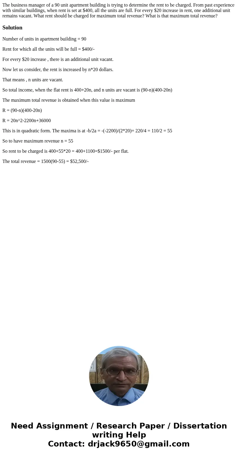 The business manager of a 90 unit apartment building is trying to determine the rent to be charged. From past experience with similar buildings, when rent is se The business manager of a 90 unit apartment building is trying to determine the rent to be charged. From past experience with similar buildings, when rent is se