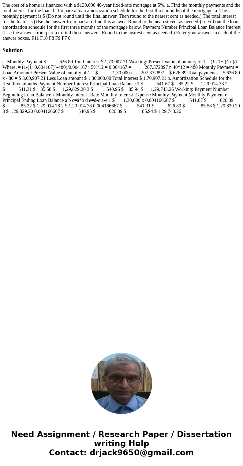 The cost of a home is financed with a $130,000 40-year fixed-rate mortgage at 5%. a. Find the monthly payments and the total interest for the loan. b. Prepare   The cost of a home is financed with a $130,000 40-year fixed-rate mortgage at 5%. a. Find the monthly payments and the total interest for the loan. b. Prepare