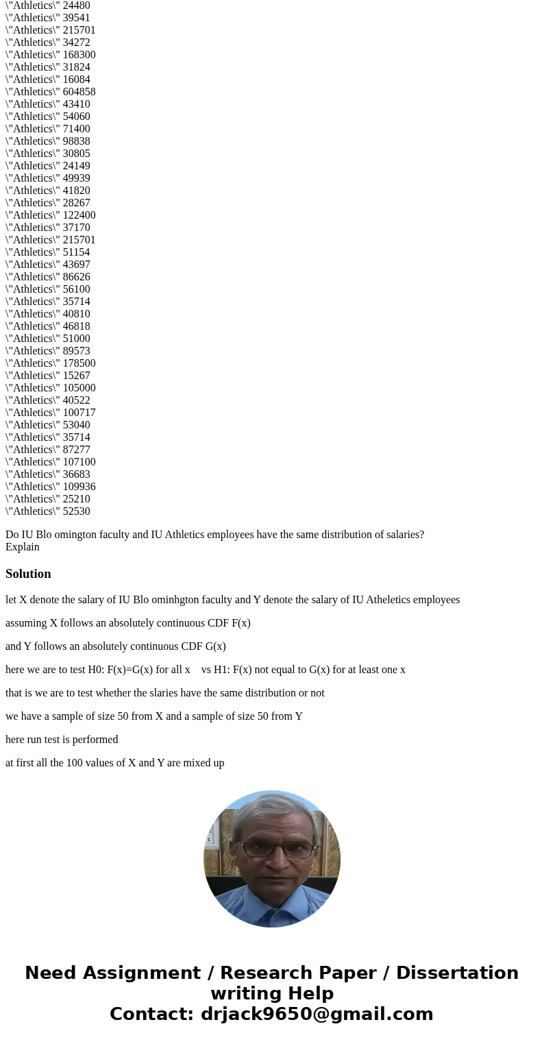 The file IUSalaries.txt contains the salaries of a random sample of 50 IU Bloomington faculty, along with the salaries of a random 50 IU athletics employees. \ The file IUSalaries.txt contains the salaries of a random sample of 50 IU Bloomington faculty, along with the salaries of a random 50 IU athletics employees. \