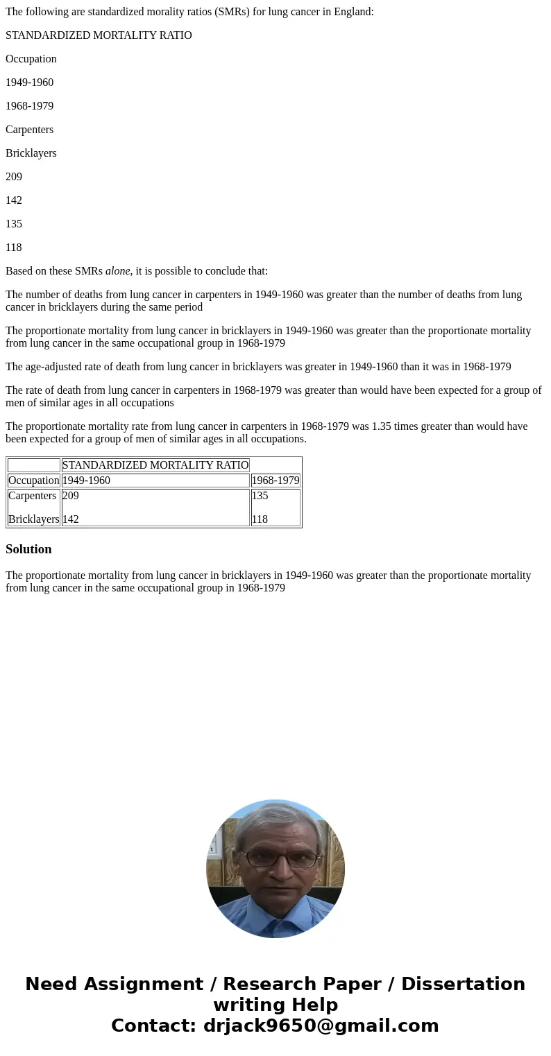 The following are standardized morality ratios (SMRs) for lung cancer in England: STANDARDIZED MORTALITY RATIO Occupation 1949-1960 1968-1979 Carpenters Brickla