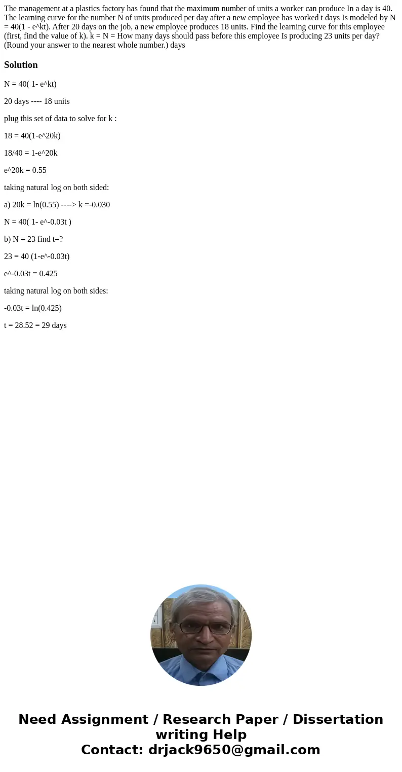 The management at a plastics factory has found that the maximum number of units a worker can produce In a day is 40. The learning curve for the number N of uni  The management at a plastics factory has found that the maximum number of units a worker can produce In a day is 40. The learning curve for the number N of uni