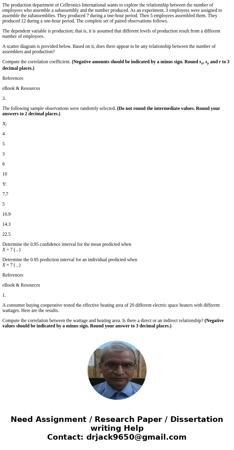 The production department of Celltronics International wants to explore the relationship between the number of employees who assemble a subassembly and the numb The production department of Celltronics International wants to explore the relationship between the number of employees who assemble a subassembly and the numb