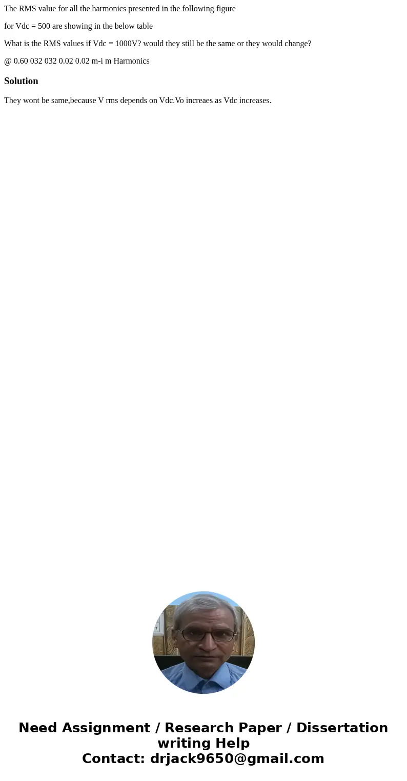The RMS value for all the harmonics presented in the following figure for Vdc = 500 are showing in the below table What is the RMS values if Vdc = 1000V? would  The RMS value for all the harmonics presented in the following figure for Vdc = 500 are showing in the below table What is the RMS values if Vdc = 1000V? would