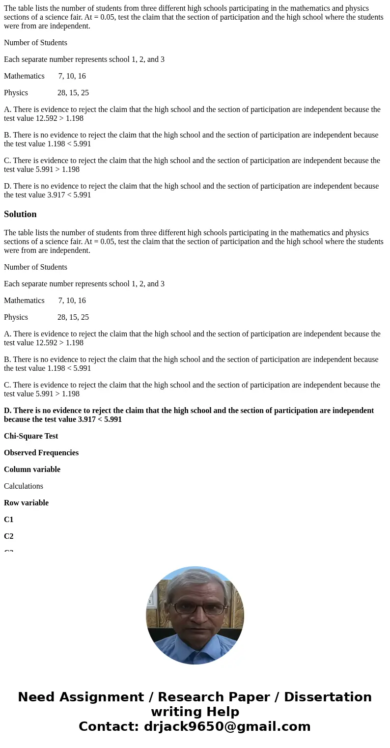 The table lists the number of students from three different high schools participating in the mathematics and physics sections of a science fair. At = 0.05, tes