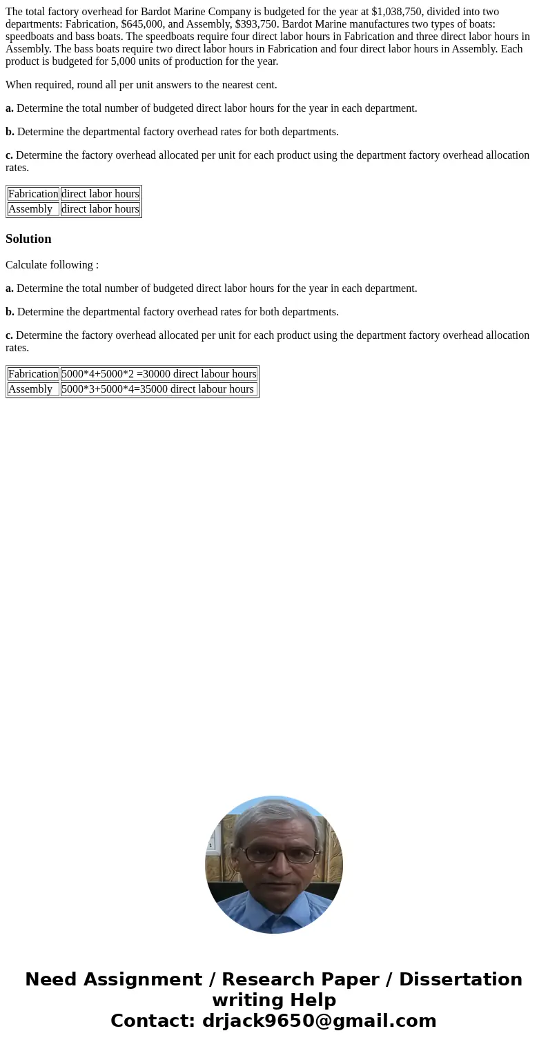 The total factory overhead for Bardot Marine Company is budgeted for the year at $1,038,750, divided into two departments: Fabrication, $645,000, and Assembly,  The total factory overhead for Bardot Marine Company is budgeted for the year at $1,038,750, divided into two departments: Fabrication, $645,000, and Assembly,