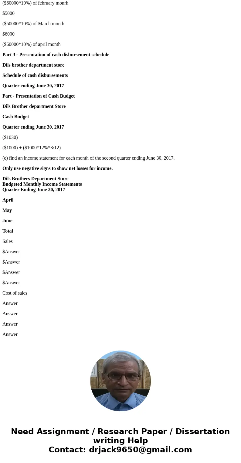 This is what I have so far. Need help with part E and F. Developing a Master Budget for a Merchandising Organization Dils Brother Department Store prepares budg