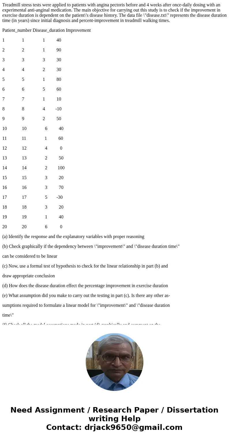Treadmill stress tests were applied to patients with angina pectoris before and 4 weeks after once-daily dosing with an experimental anti-anginal medication. Th Treadmill stress tests were applied to patients with angina pectoris before and 4 weeks after once-daily dosing with an experimental anti-anginal medication. Th