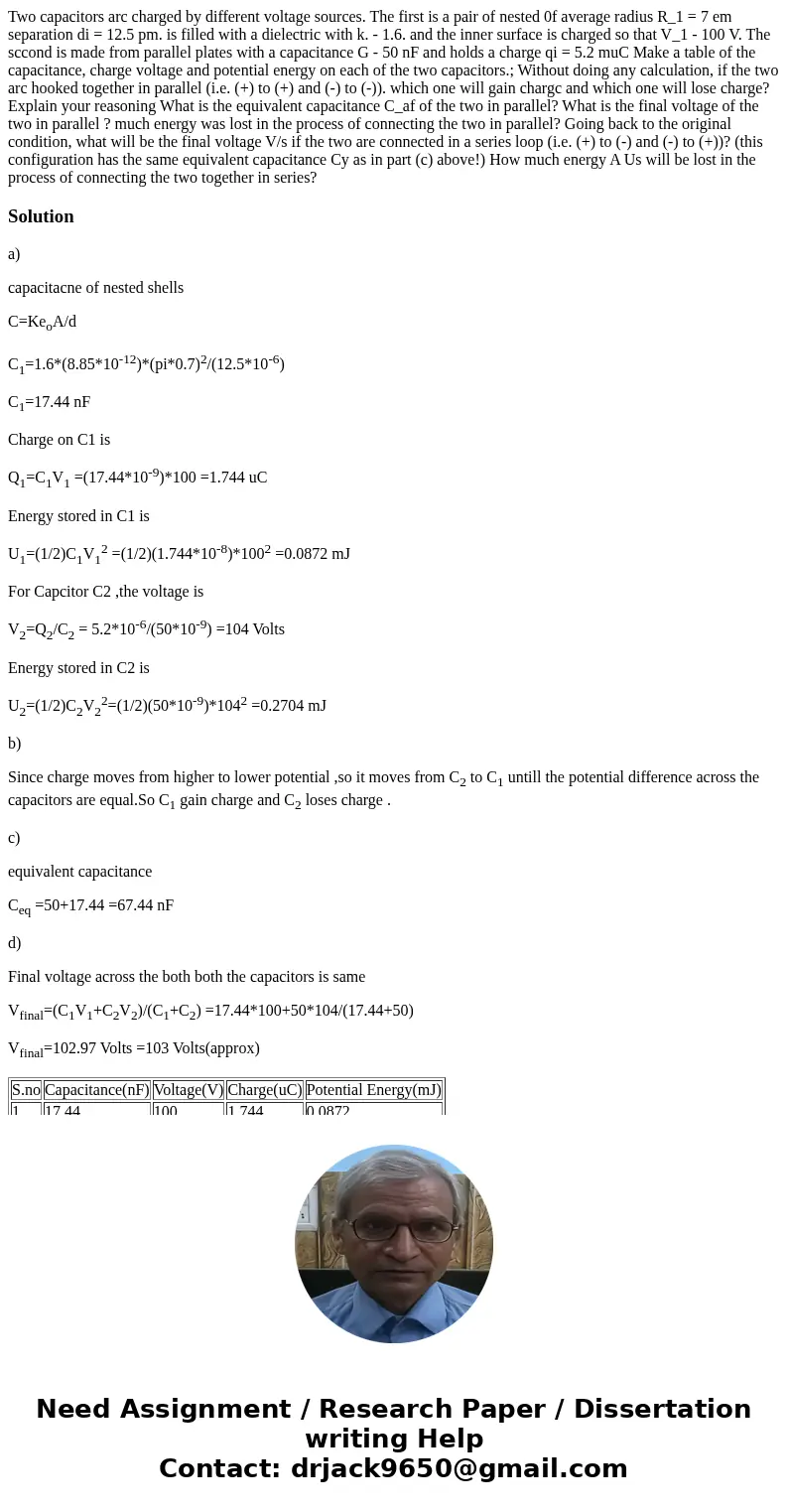 Two capacitors arc charged by different voltage sources. The first is a pair of nested 0f average radius R_1 = 7 em separation di = 12.5 pm. is filled with a d  Two capacitors arc charged by different voltage sources. The first is a pair of nested 0f average radius R_1 = 7 em separation di = 12.5 pm. is filled with a d