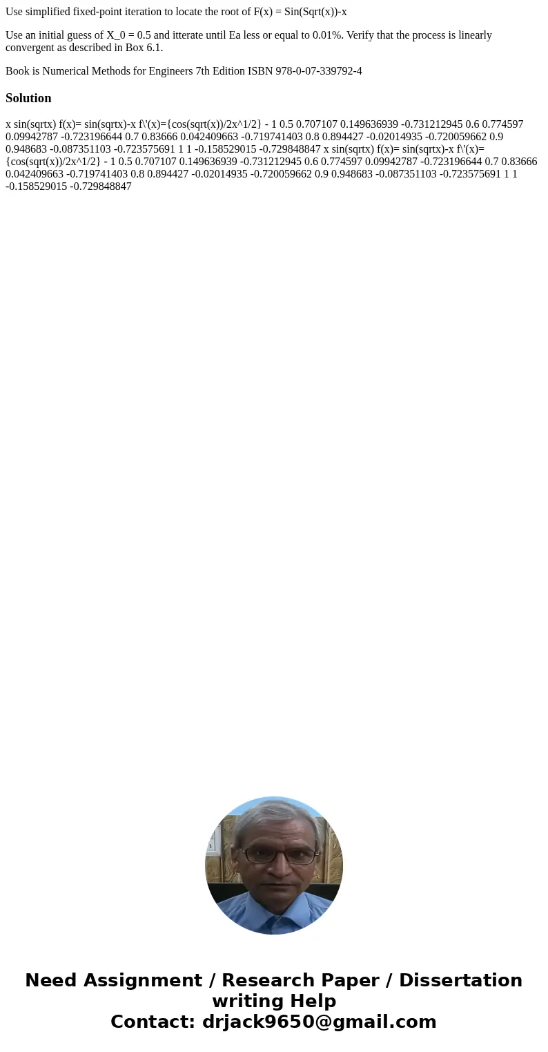 Use simplified fixed-point iteration to locate the root of F(x) = Sin(Sqrt(x))-x Use an initial guess of X_0 = 0.5 and itterate until Ea less or equal to 0.01%. Use simplified fixed-point iteration to locate the root of F(x) = Sin(Sqrt(x))-x Use an initial guess of X_0 = 0.5 and itterate until Ea less or equal to 0.01%.