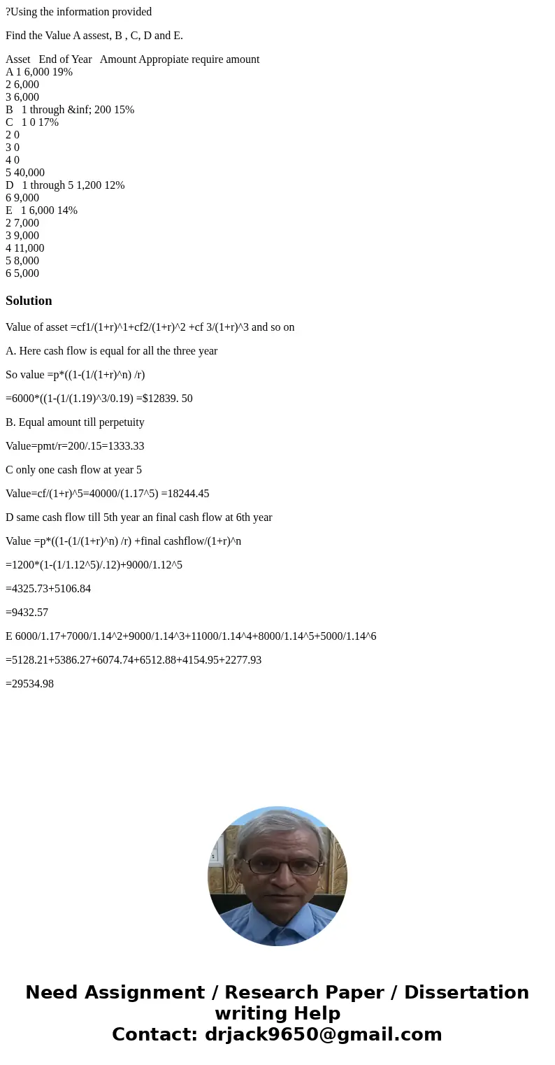 ?Using the information provided Find the Value A assest, B , C, D and E. Asset End of Year Amount Appropiate require amount A 1 6,000 19% 2 6,000 3 6,000 B 1 th ?Using the information provided Find the Value A assest, B , C, D and E. Asset End of Year Amount Appropiate require amount A 1 6,000 19% 2 6,000 3 6,000 B 1 th