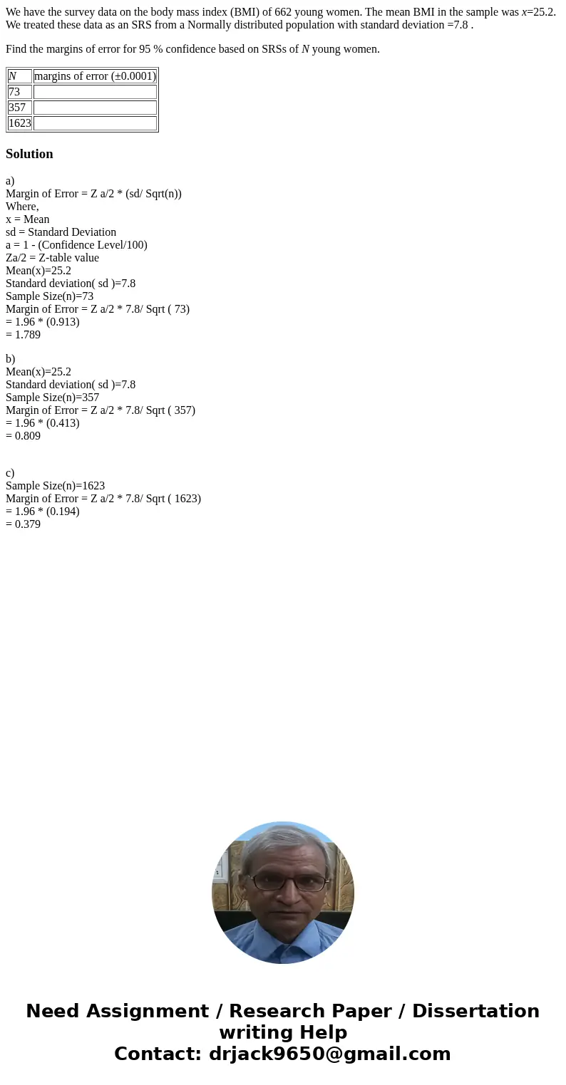 We have the survey data on the body mass index (BMI) of 662 young women. The mean BMI in the sample was x=25.2. We treated these data as an SRS from a Normally  We have the survey data on the body mass index (BMI) of 662 young women. The mean BMI in the sample was x=25.2. We treated these data as an SRS from a Normally