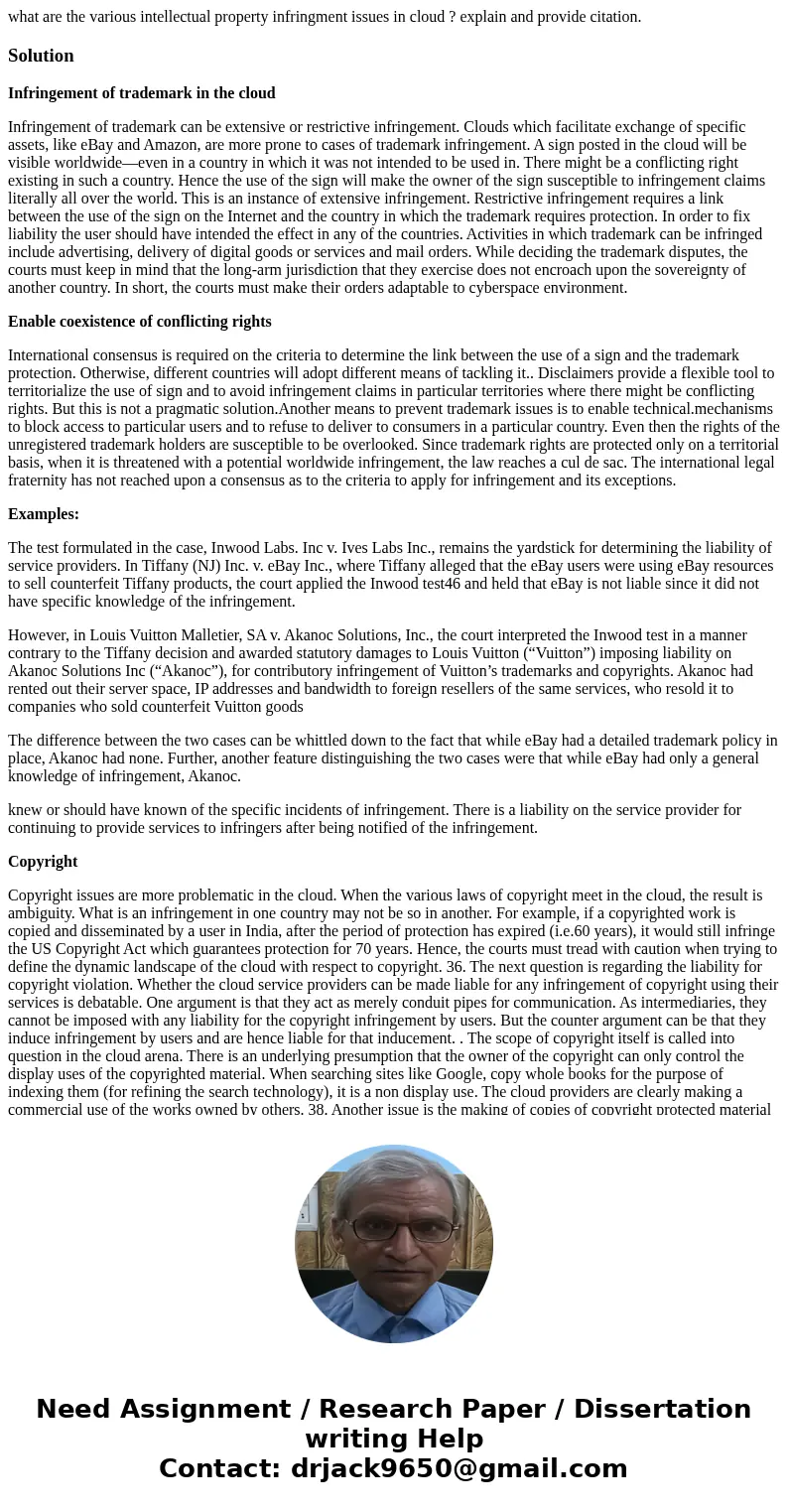 what are the various intellectual property infringment issues in cloud ? explain and provide citation.SolutionInfringement of trademark in the cloud Infringemen