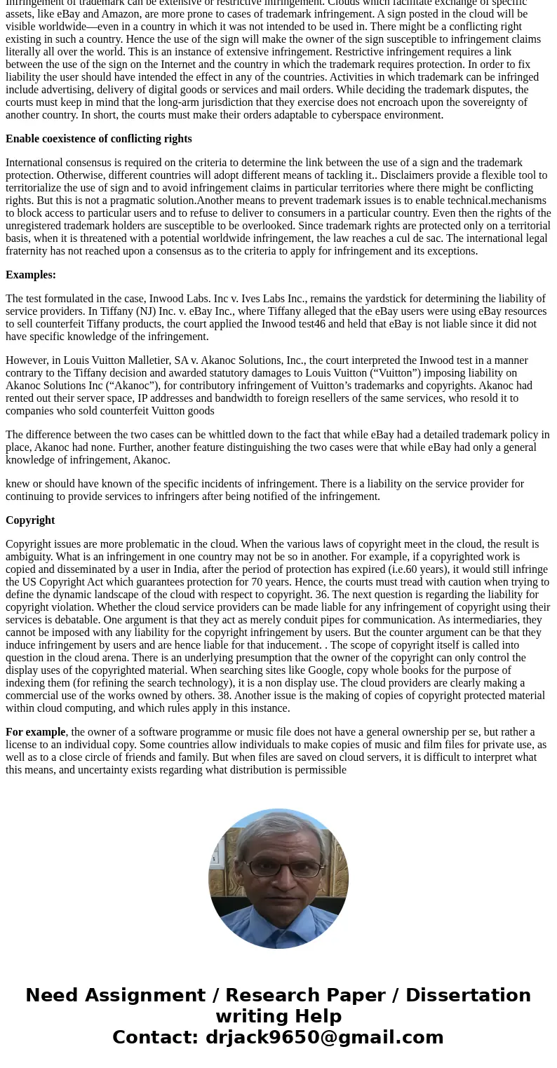 what are the various intellectual property infringment issues in cloud ? explain and provide citation.SolutionInfringement of trademark in the cloud Infringemen