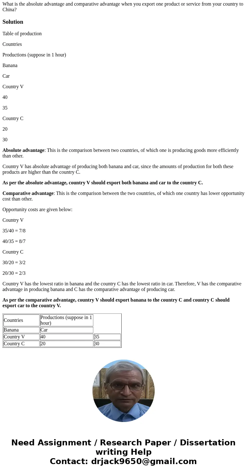  What is the absolute advantage and comparative advantage when you export one product or service from your country to China? What is the absolute advantage and 