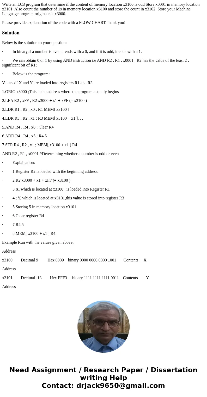 Write an LC3 program that determine if the content of memory location x3100 is odd Store x0001 in memory location x3101. Also count the number of 1s in memory l Write an LC3 program that determine if the content of memory location x3100 is odd Store x0001 in memory location x3101. Also count the number of 1s in memory l