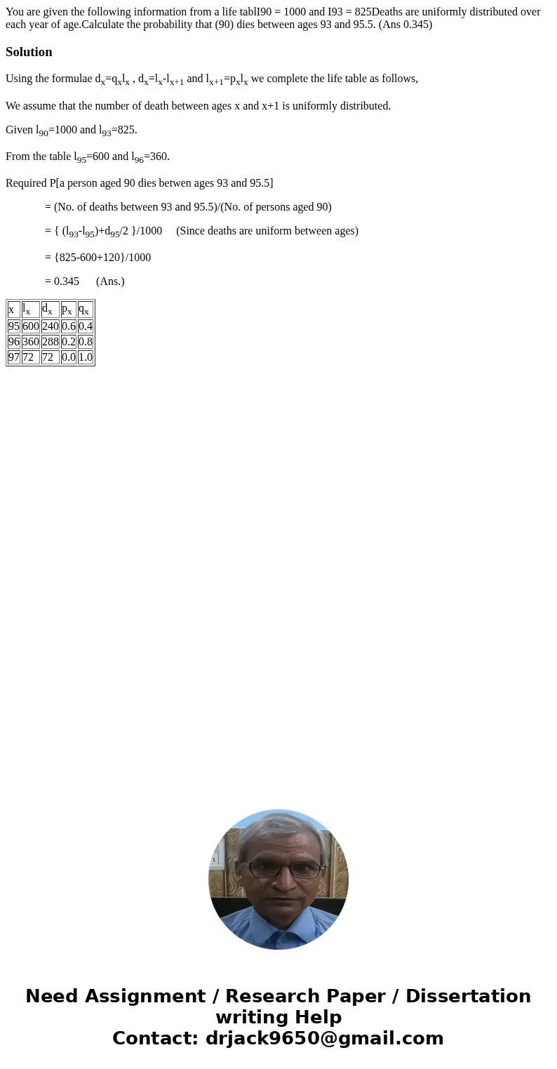 You are given the following information from a life tablI90 = 1000 and I93 = 825Deaths are uniformly distributed over each year of age.Calculate the probabilit  You are given the following information from a life tablI90 = 1000 and I93 = 825Deaths are uniformly distributed over each year of age.Calculate the probabilit