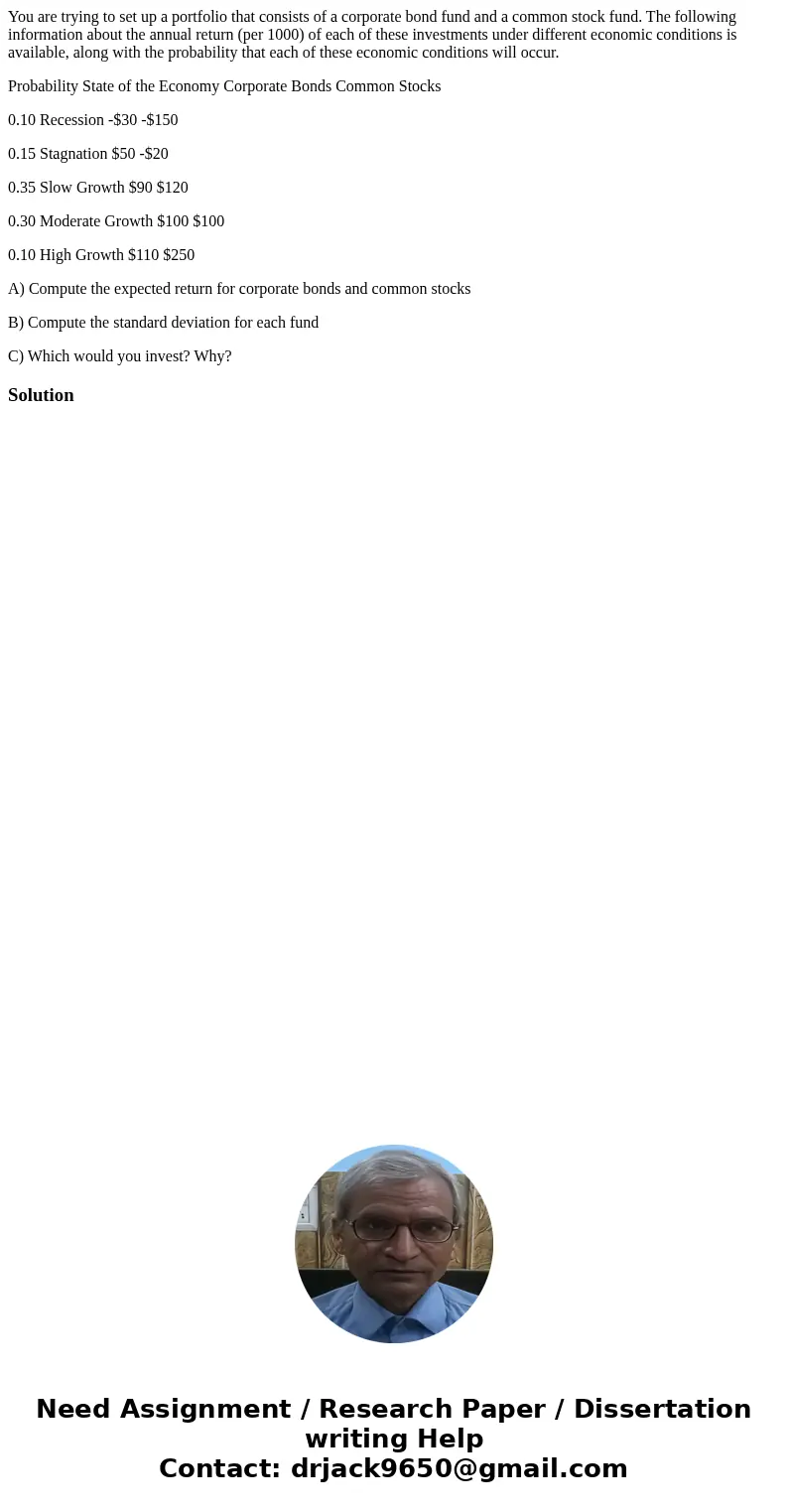 You are trying to set up a portfolio that consists of a corporate bond fund and a common stock fund. The following information about the annual return (per 1000 You are trying to set up a portfolio that consists of a corporate bond fund and a common stock fund. The following information about the annual return (per 1000