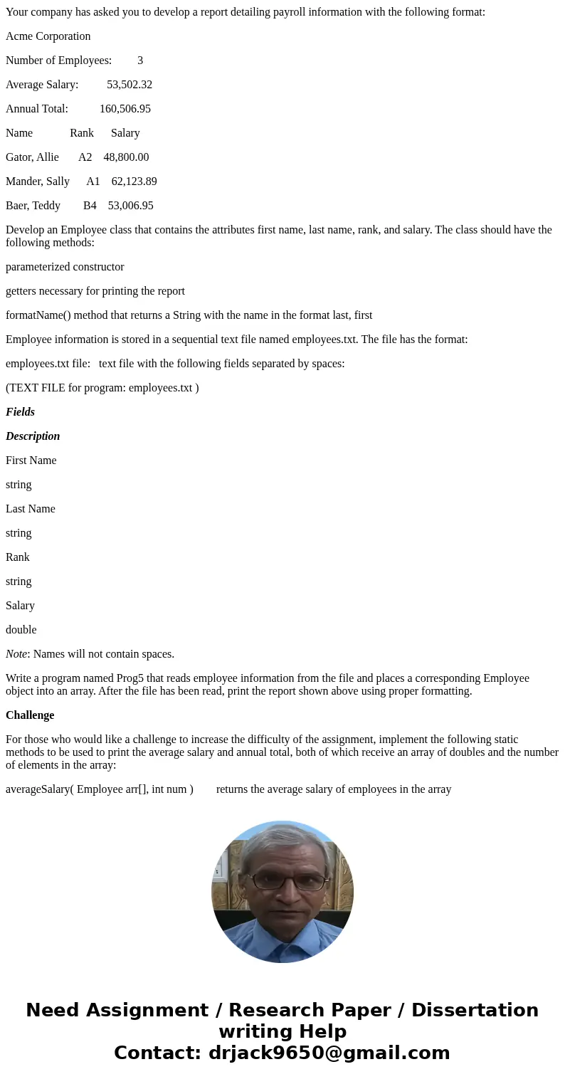 Your company has asked you to develop a report detailing payroll information with the following format: Acme Corporation Number of Employees: 3 Average Salary:  Your company has asked you to develop a report detailing payroll information with the following format: Acme Corporation Number of Employees: 3 Average Salary:
