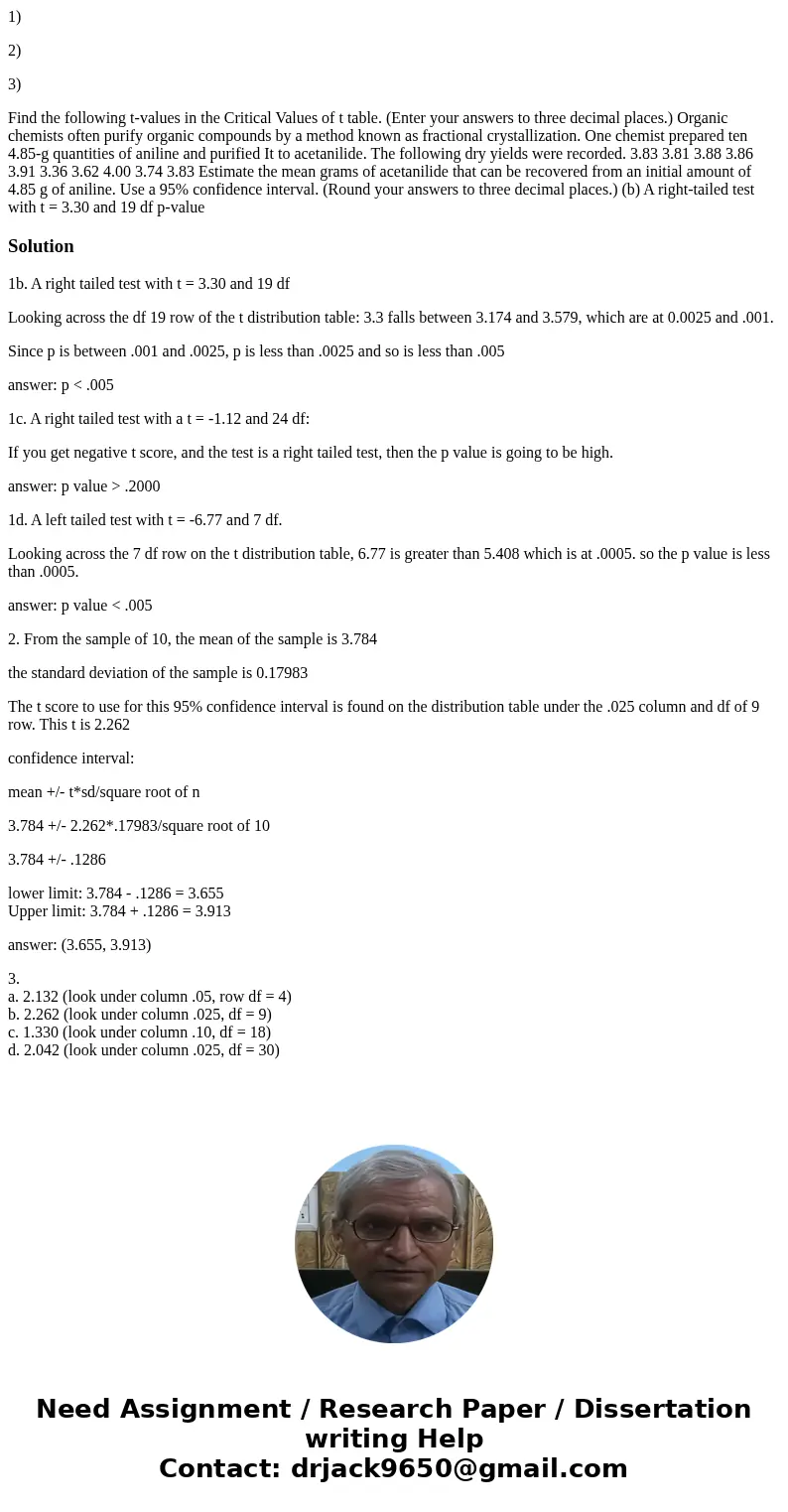 1) 2) 3) Find the following t-values in the Critical Values of t table. (Enter your answers to three decimal places.) Organic chemists often purify organic comp 1) 2) 3) Find the following t-values in the Critical Values of t table. (Enter your answers to three decimal places.) Organic chemists often purify organic comp