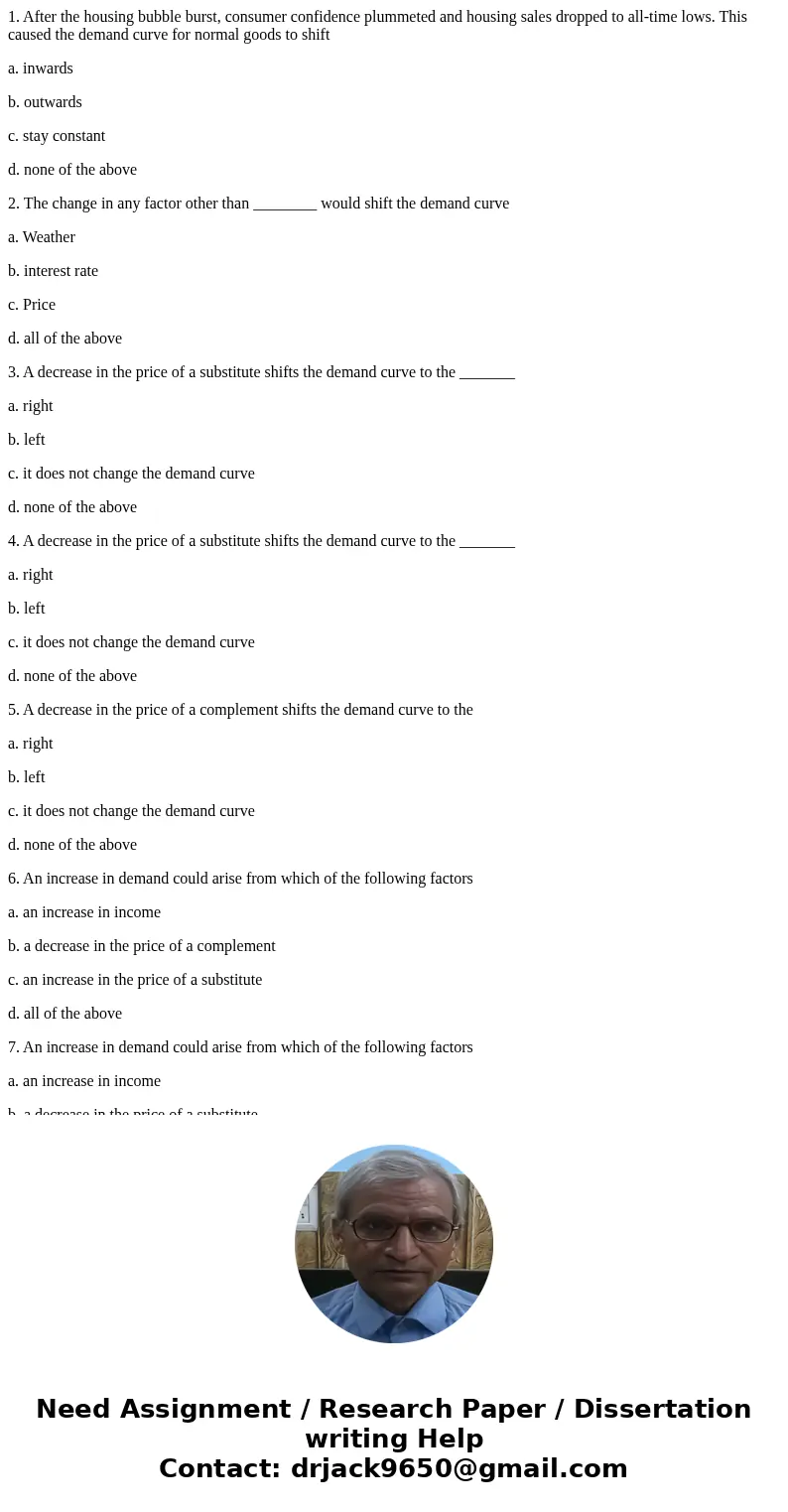 1. After the housing bubble burst, consumer confidence plummeted and housing sales dropped to all-time lows. This caused the demand curve for normal goods to sh 1. After the housing bubble burst, consumer confidence plummeted and housing sales dropped to all-time lows. This caused the demand curve for normal goods to sh