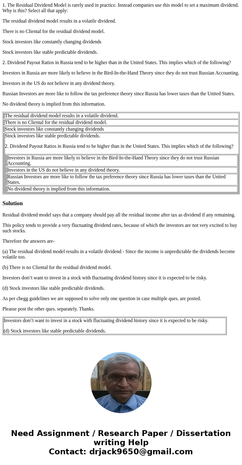 1. The Residual Dividend Model is rarely used in practice. Instead companies use this model to set a maximum dividend. Why is this? Select all that apply: The r 1. The Residual Dividend Model is rarely used in practice. Instead companies use this model to set a maximum dividend. Why is this? Select all that apply: The r