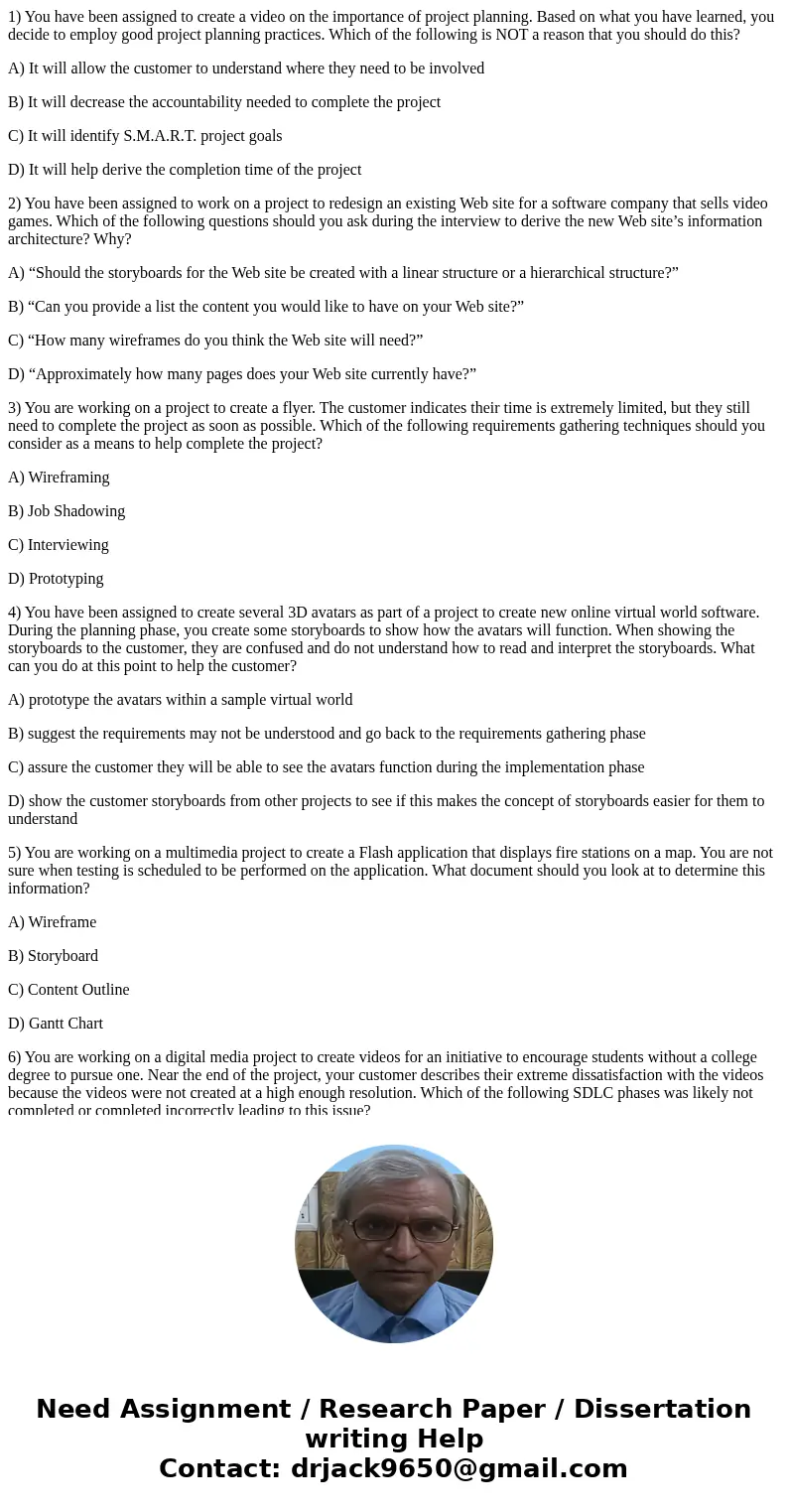 1) You have been assigned to create a video on the importance of project planning. Based on what you have learned, you decide to employ good project planning pr 1) You have been assigned to create a video on the importance of project planning. Based on what you have learned, you decide to employ good project planning pr