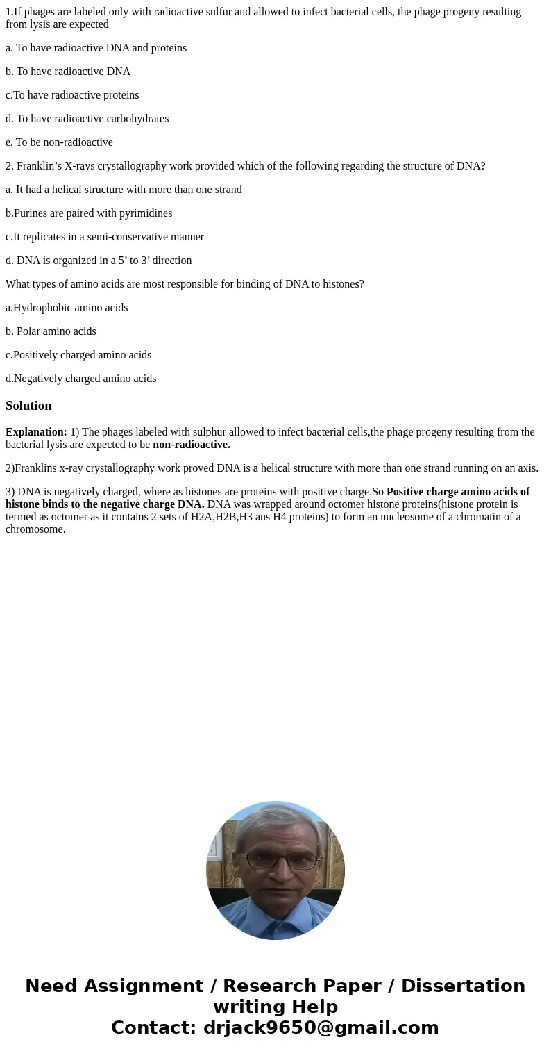 1.If phages are labeled only with radioactive sulfur and allowed to infect bacterial cells, the phage progeny resulting from lysis are expected a. To have radio 1.If phages are labeled only with radioactive sulfur and allowed to infect bacterial cells, the phage progeny resulting from lysis are expected a. To have radio