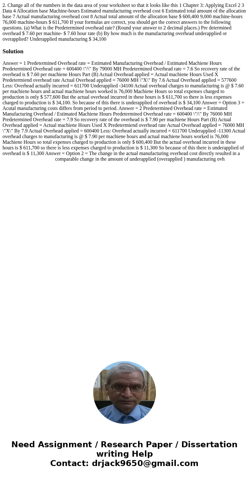 2. Change all of the numbers in the data area of your worksheet so that it looks like this 1 Chapter 3: Applying Excel 2 3 Data 4 Allocation base Machine-hours  2. Change all of the numbers in the data area of your worksheet so that it looks like this 1 Chapter 3: Applying Excel 2 3 Data 4 Allocation base Machine-hours