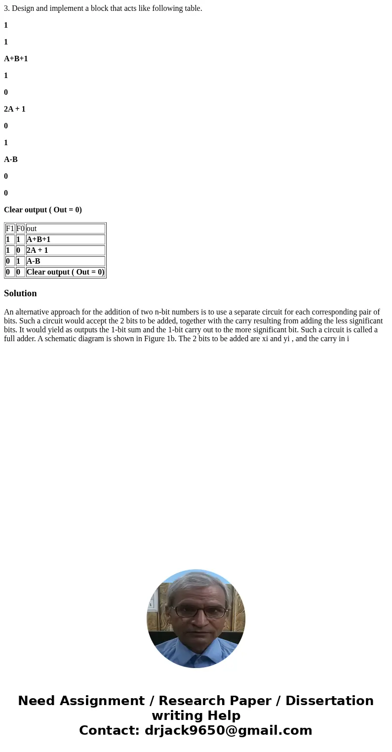 3. Design and implement a block that acts like following table. 1 1 A+B+1 1 0 2A + 1 0 1 A-B 0 0 Clear output ( Out = 0) F1 F0 out 1 1 A+B+1 1 0 2A + 1 0 1 A-B 