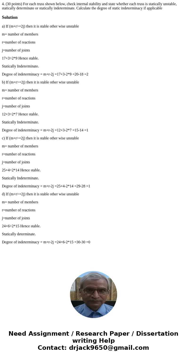 4. (30 points) For each truss shown below, check internal stability and state whether each truss is statically unstable, statically determinate or statically i  4. (30 points) For each truss shown below, check internal stability and state whether each truss is statically unstable, statically determinate or statically i