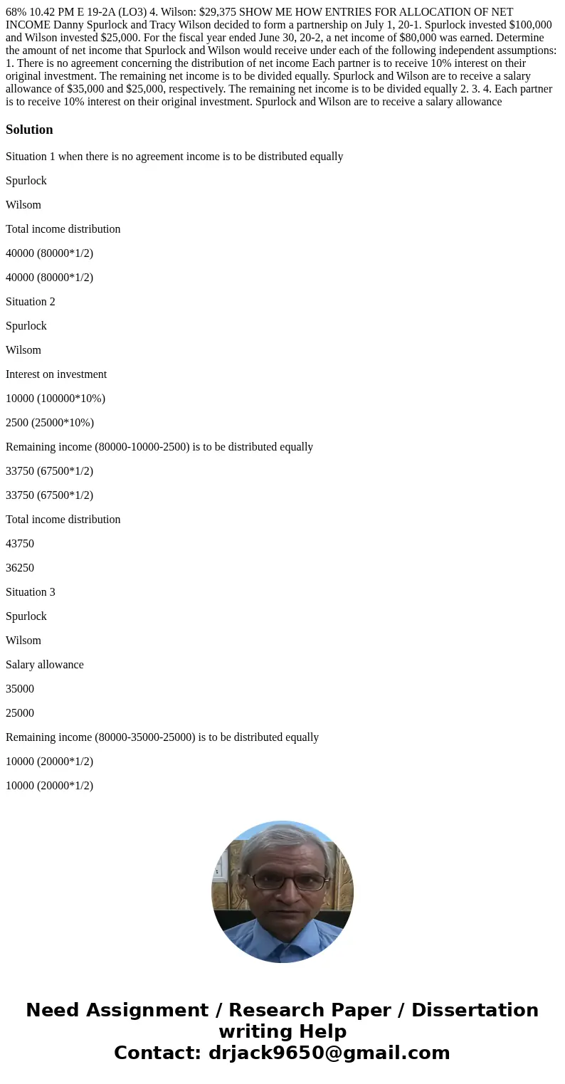 68% 10.42 PM E 19-2A (LO3) 4. Wilson: $29,375 SHOW ME HOW ENTRIES FOR ALLOCATION OF NET INCOME Danny Spurlock and Tracy Wilson decided to form a partnership on  68% 10.42 PM E 19-2A (LO3) 4. Wilson: $29,375 SHOW ME HOW ENTRIES FOR ALLOCATION OF NET INCOME Danny Spurlock and Tracy Wilson decided to form a partnership on