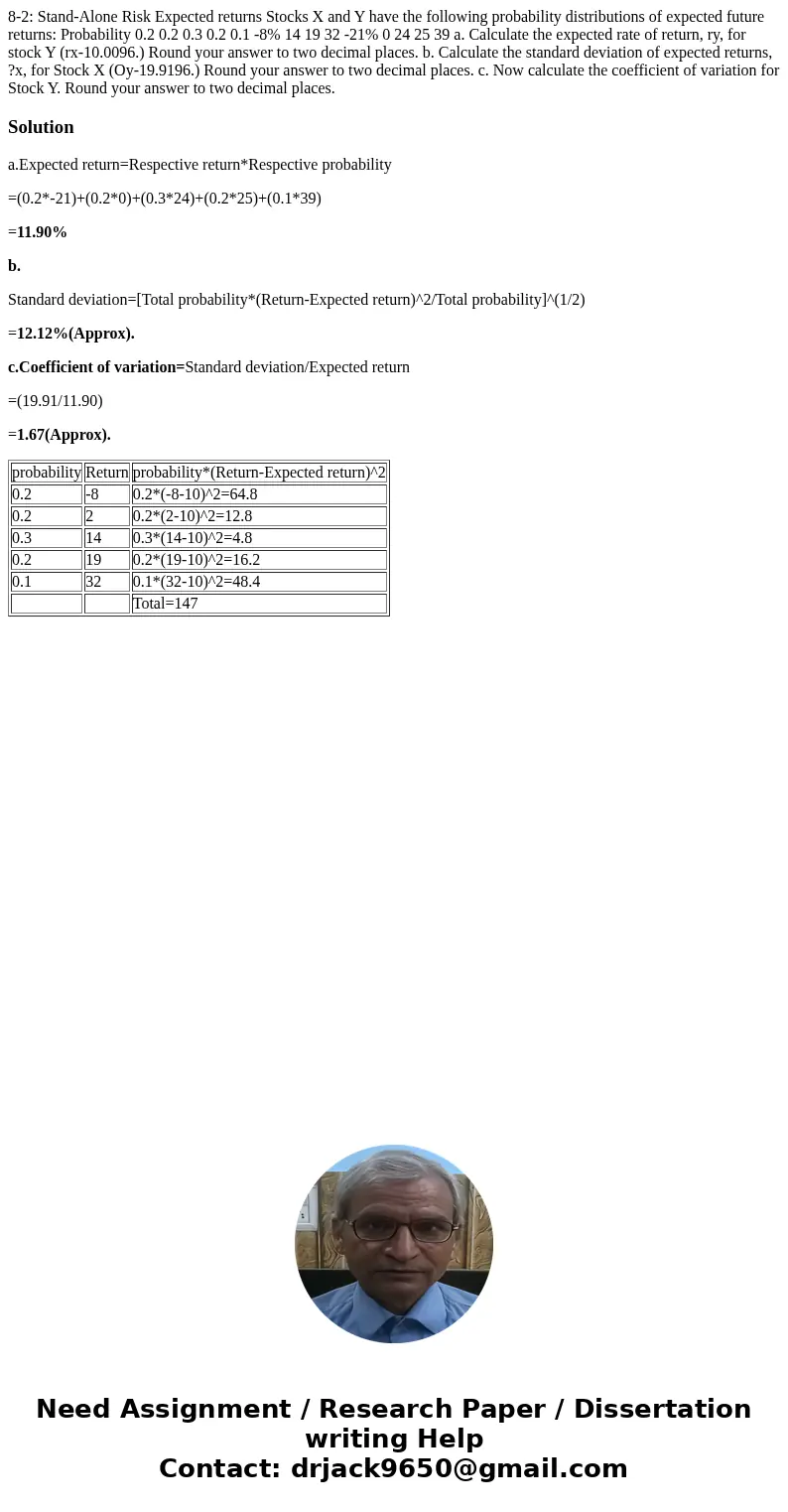 8-2: Stand-Alone Risk Expected returns Stocks X and Y have the following probability distributions of expected future returns: Probability 0.2 0.2 0.3 0.2 0.1   8-2: Stand-Alone Risk Expected returns Stocks X and Y have the following probability distributions of expected future returns: Probability 0.2 0.2 0.3 0.2 0.1