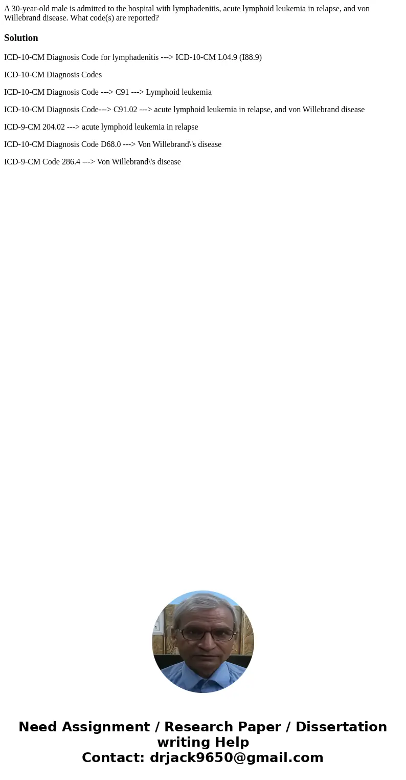 A 30-year-old male is admitted to the hospital with lymphadenitis, acute lymphoid leukemia in relapse, and von Willebrand disease. What code(s) are reported?Sol