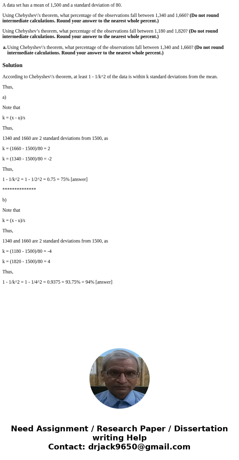 A data set has a mean of 1,500 and a standard deviation of 80. Using Chebyshev\'s theorem, what percentage of the observations fall between 1,340 and 1,660? (Do A data set has a mean of 1,500 and a standard deviation of 80. Using Chebyshev\'s theorem, what percentage of the observations fall between 1,340 and 1,660? (Do