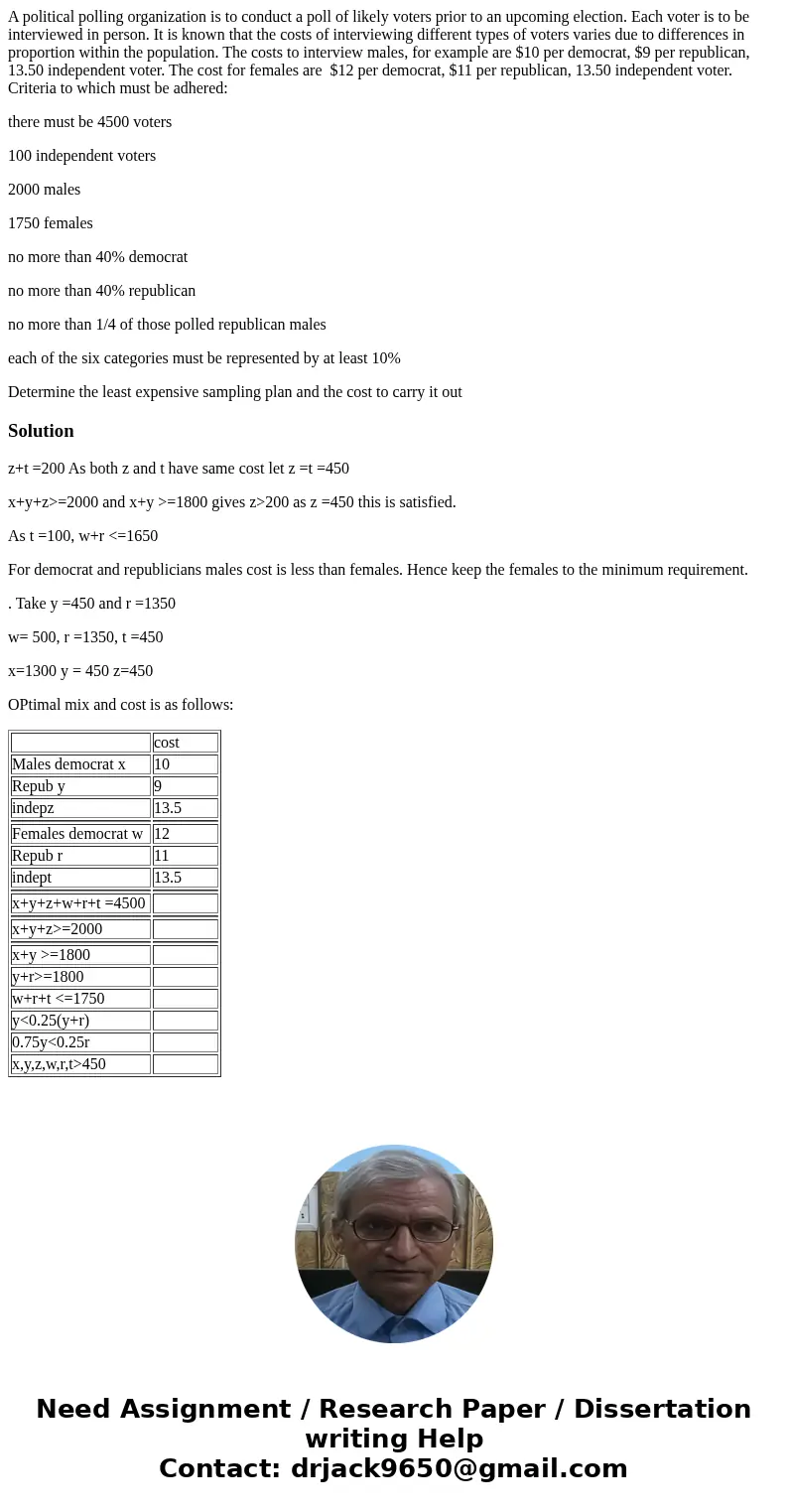 A political polling organization is to conduct a poll of likely voters prior to an upcoming election. Each voter is to be interviewed in person. It is known tha A political polling organization is to conduct a poll of likely voters prior to an upcoming election. Each voter is to be interviewed in person. It is known tha