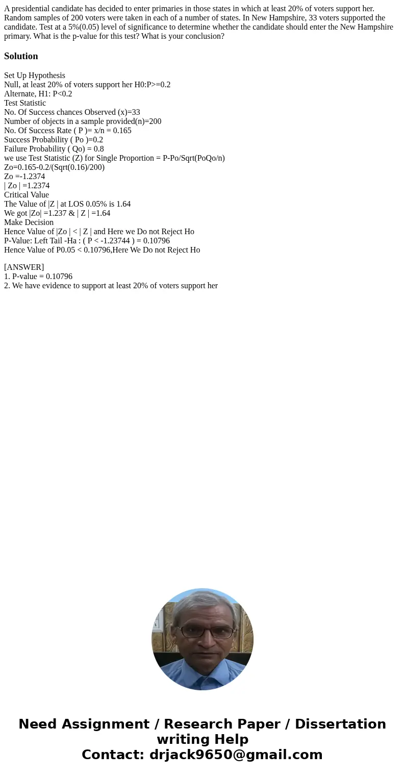 A presidential candidate has decided to enter primaries in those states in which at least 20% of voters support her. Random samples of 200 voters were taken in  A presidential candidate has decided to enter primaries in those states in which at least 20% of voters support her. Random samples of 200 voters were taken in