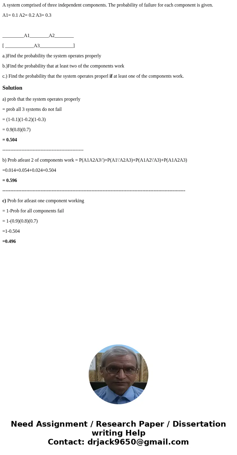 A system comprised of three independent components. The probability of failure for each component is given. A1= 0.1 A2= 0.2 A3= 0.3 _________A1________A2_______ A system comprised of three independent components. The probability of failure for each component is given. A1= 0.1 A2= 0.2 A3= 0.3 _________A1________A2_______